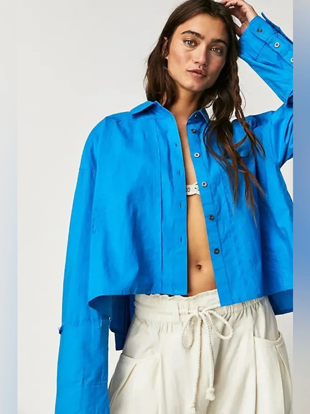 Free People Remade Poplin Shirt Button Down Double Cuff Collared Blue